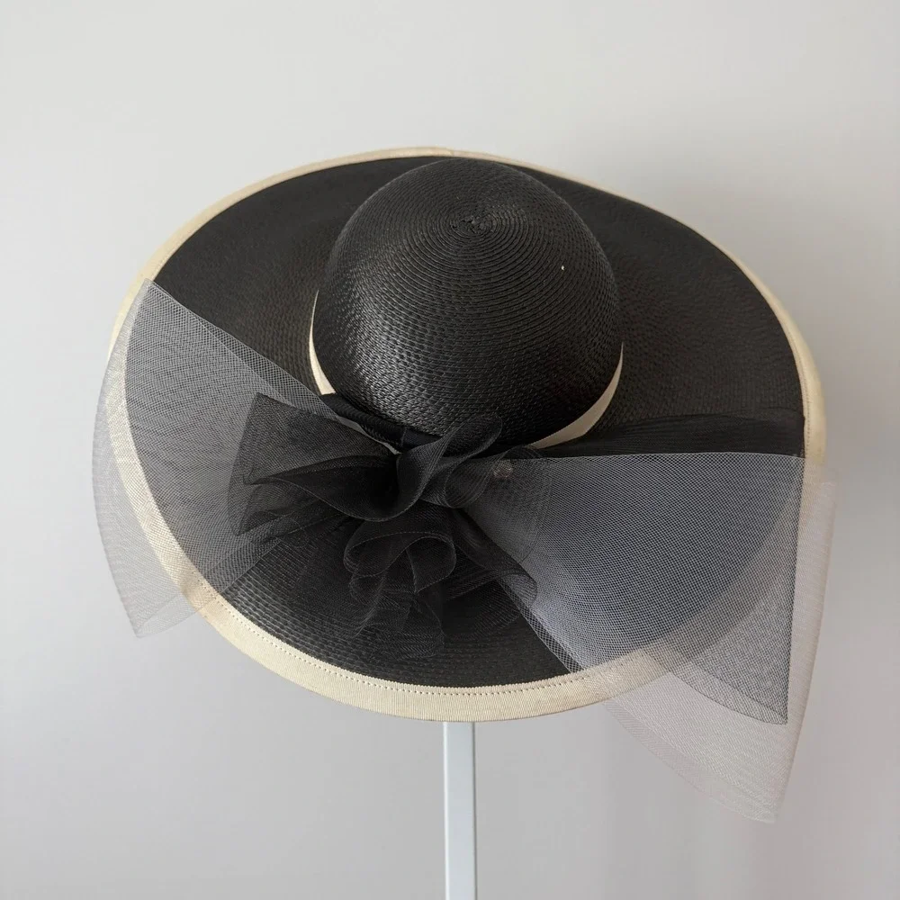 David M Designer Luxury Old Money OS Black White Straw Hat Tulle Kentucky Derby